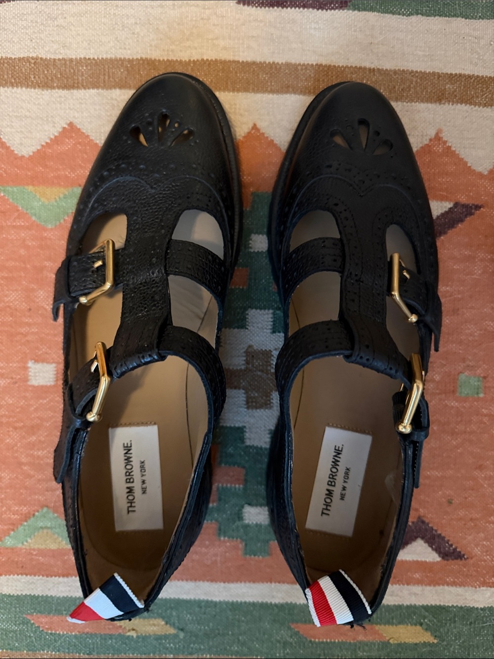 Thom Browne Black Perforated Leather Mary Jane Flats with Gold Buckles